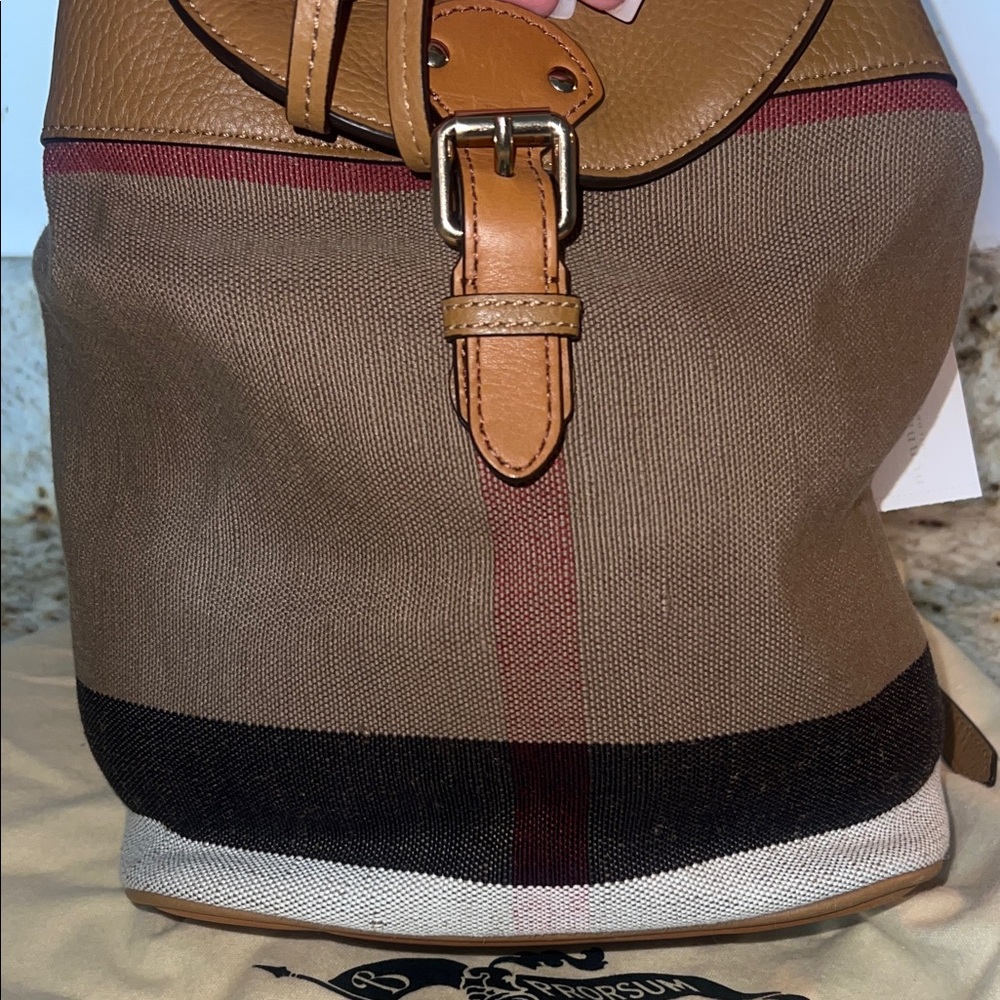 Burberry Tan & Brown Canvas Drawstring Backpack with Leather Trim - Picture 7 of 7